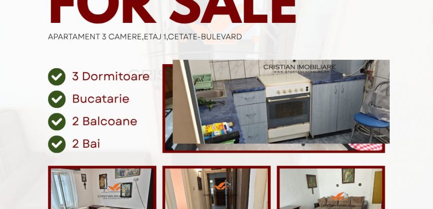 Apartament 3 camere decomandat, etaj 2, 2 bai, 2 balcoane, Cetate-Liceul Sportiv!
